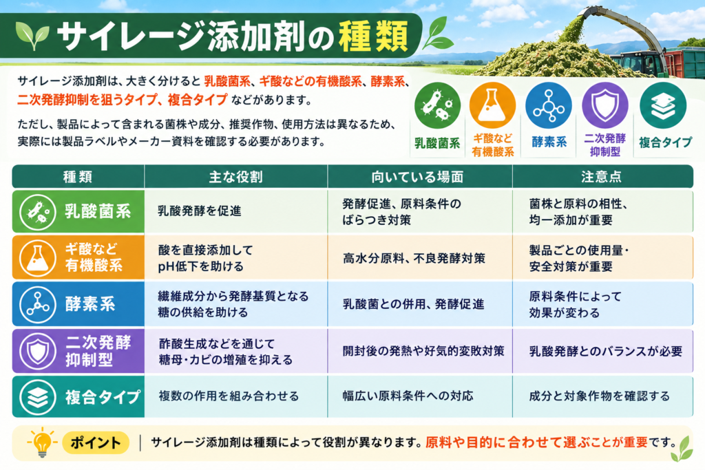 サイレージ添加剤の種類と特徴を比較｜乳酸菌・ギ酸などの有機酸・酵素・二次発酵抑制型・複合タイプ