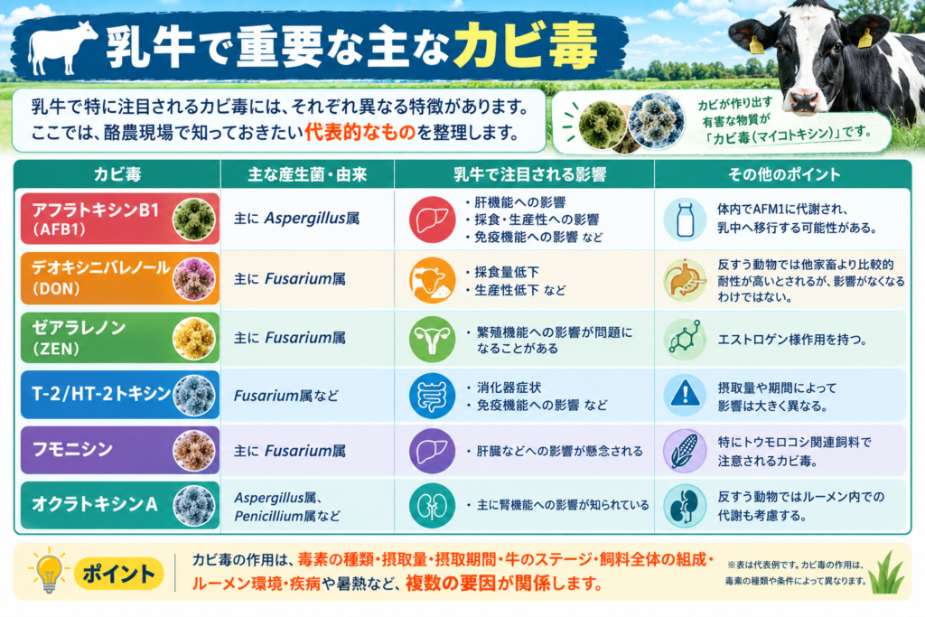 乳牛で重要な主なカビ毒（マイコトキシン）を解説｜アフラトキシンB1・DON・ZEN・T-2・フモニシン・オクラトキシンA