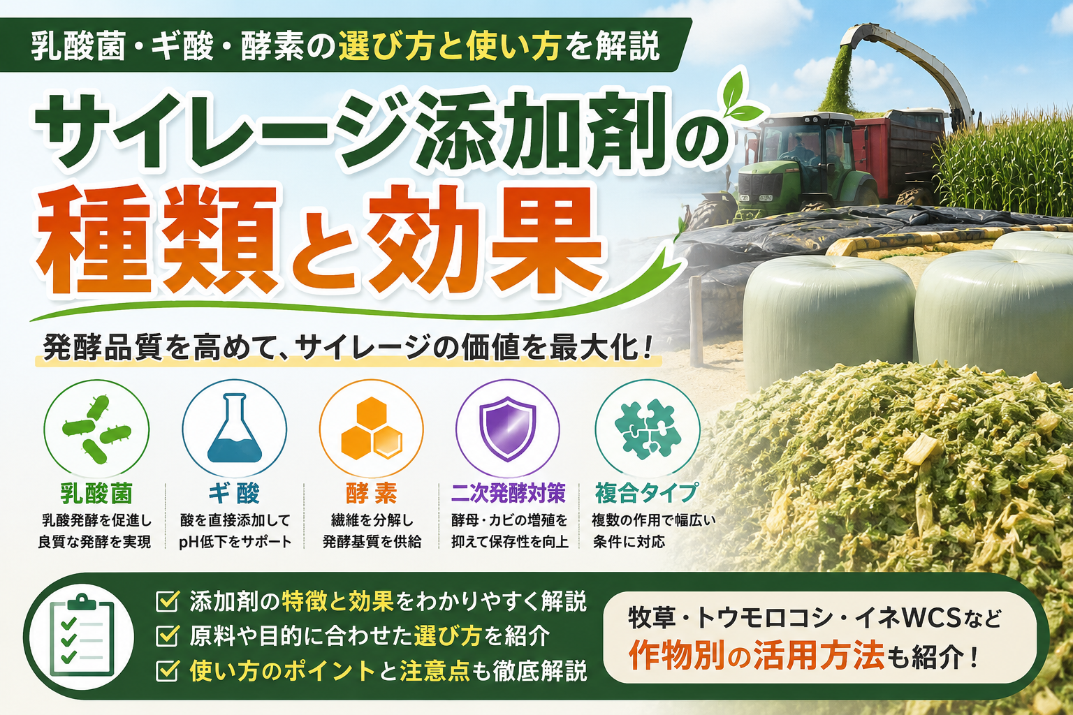 サイレージ添加剤の種類と効果を解説する図解｜乳酸菌・ギ酸・酵素・二次発酵対策"