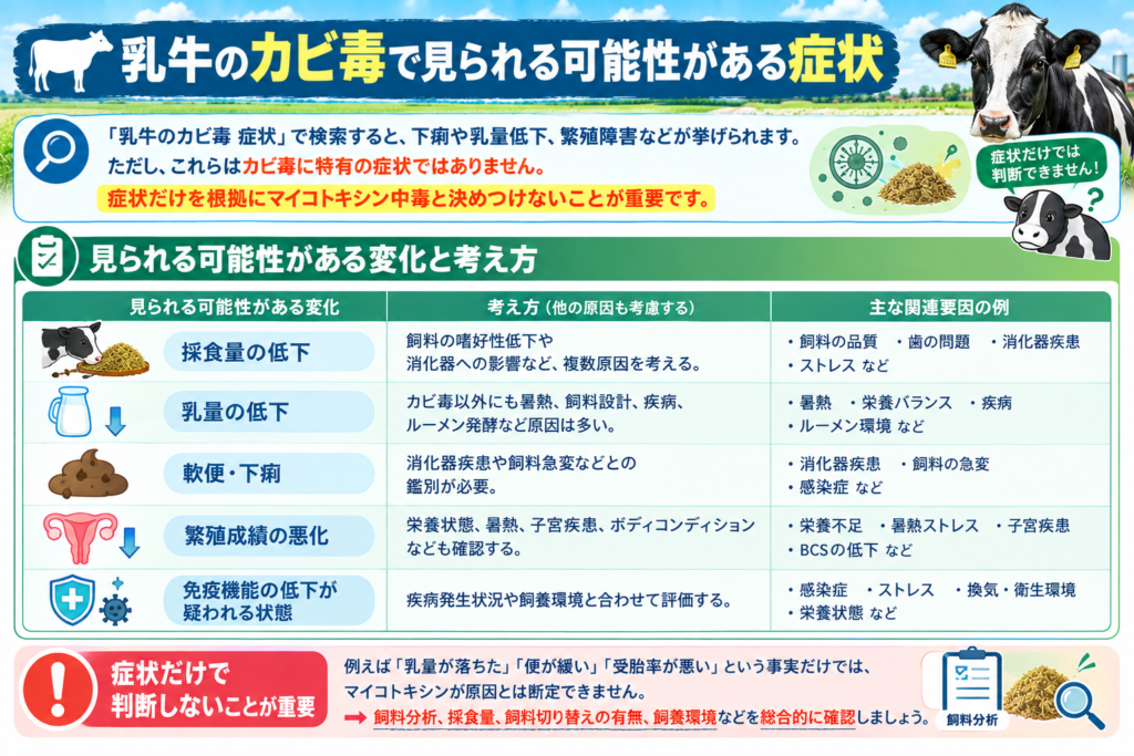 乳牛のカビ毒で見られる可能性がある症状を解説｜採食量・乳量低下、下痢、繁殖成績、免疫機能への影響